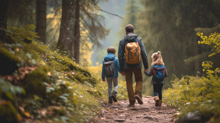 Landscape of father with two children hiking in the mountain forest path.の素材