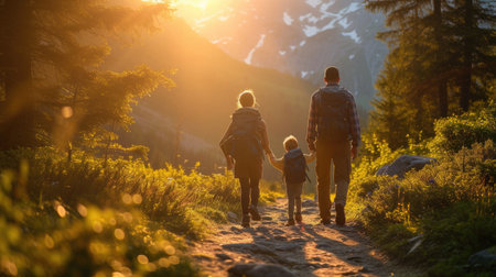 Family of man woman and child walking on mountain path in the forest.の素材