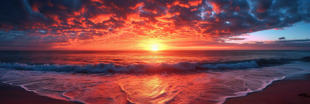 Horizontal panoramic banner of ocean sunset with clouds at golden hour with waves and saturated colors at the shoreline.の素材