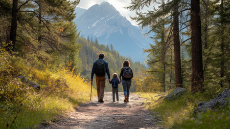 Family of man woman and child walking on mountain path in the forest.の素材