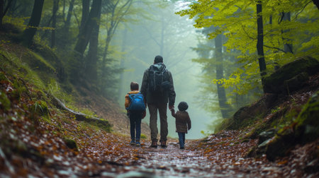 Father with two children hiking in the mountains on a path in the forest during autumn.の素材