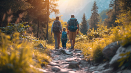 Family of man woman and child walking on mountain path in the forest.の素材