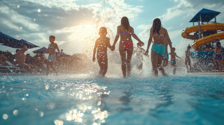 Group of children running at the pool from behind at sunset.の素材