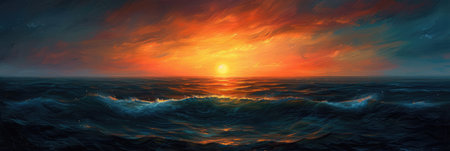Horizontal panoramic banner of ocean sunset with clouds at golden hour with waves and saturated colors at the shoreline.の素材