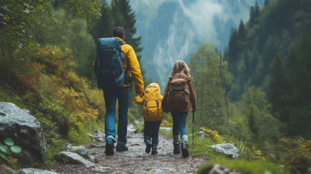 Father with two children hiking in the mountains on a path in the forest during autumn.の素材