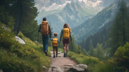Family of man woman and child walking on mountain path in the forest.の素材