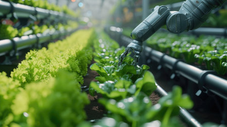Robot arm machine harvesting hydroponic lettuce in greenhouse.の素材