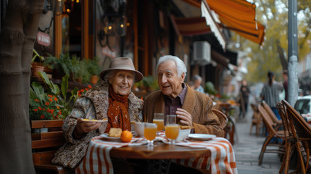 Old couple man and woman retired having lunch together outside at restaurant terrace.の素材