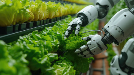 Robot arm machine harvesting hydroponic lettuce in greenhouse.の素材