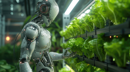 Artificial intelligence robot picking lettuce with robotic automated arm from hydroponic greenhouse.の素材