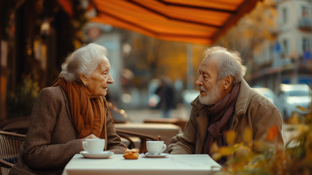 Old couple man and woman retired having lunch together outside at restaurant terrace.の素材