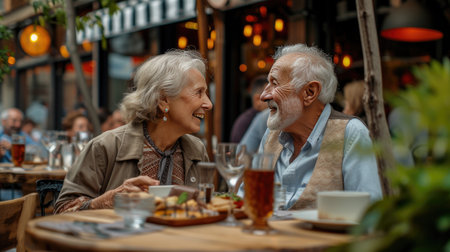 Old couple man and woman retired having lunch together outside at restaurant terrace.の素材