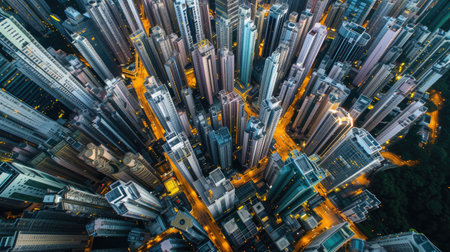 Bird's aye view of cityscape at night with skyscrapers and steert lights.の素材