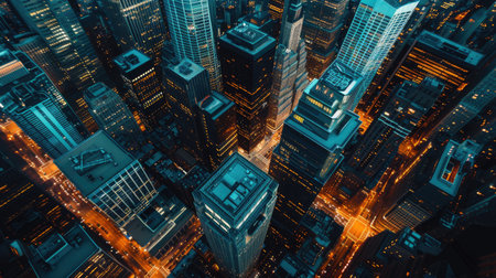 High angle view of city at night with skyscrapers and big buildings next to streets.の素材