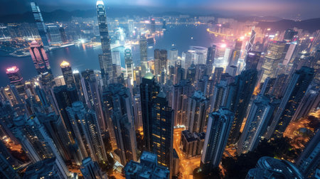 Aerial view of big city at night with skyscrapers and river.の素材