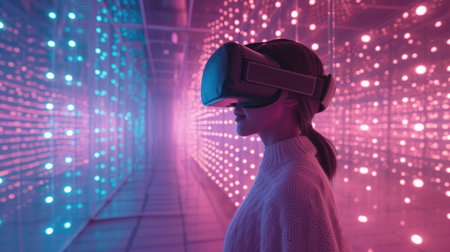 Woman with VR headsset alone in a room in cyberscape with bright holographic lights portarit.の素材