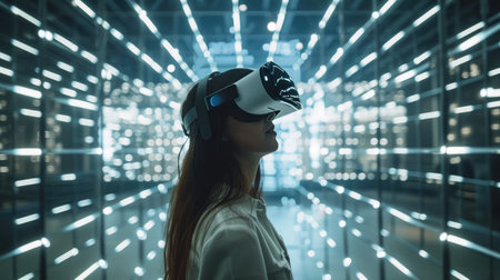 Portrait of young caucasian woman wearing VR headset goggles in cyberscape neon room with lights.の素材