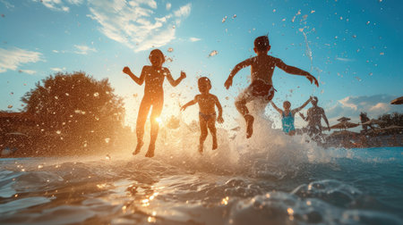 Children with parents jumping at pool party swimming in water on a sunny day.の素材