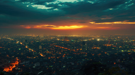 Aerial cityscape at night from above top down view with street lights.の素材
