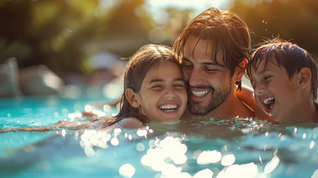 Closeup portrait of child in the water at the swimming pool with defocused parents in the backgroundの素材
