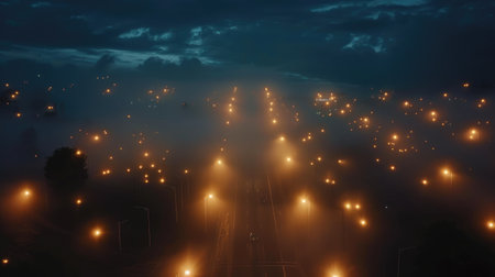 Night scene of town with street lights from aboveの素材