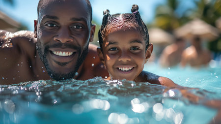 Happy african american family swimming at the pool in the water on a sunny day.の素材