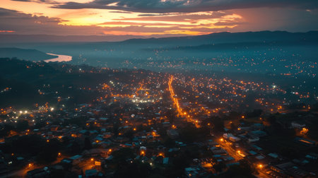 Town at sunset cityscape with street lights aerial view top down illuminated.の素材