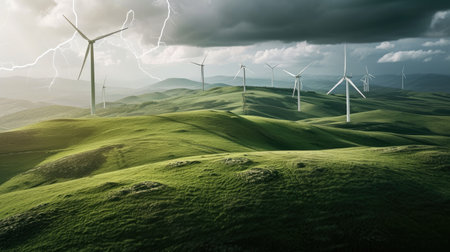 Windmill farm with turbines generating clean renewable energy during a storm with lightning and dark clouds.の素材