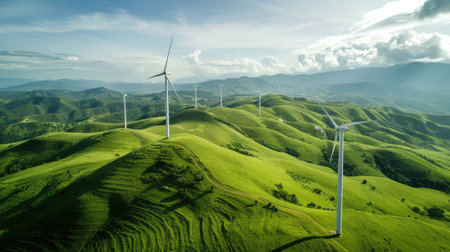 Aerial view of many windmills producing renewable electricity in energy farm on top of hill.の素材