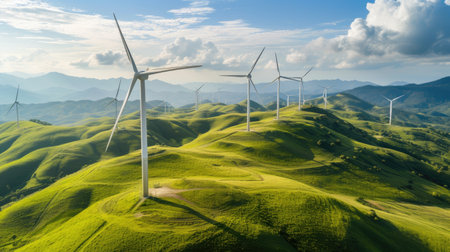 Wind farm with turbines on top of hill aerial view on a sunny bright day.の素材