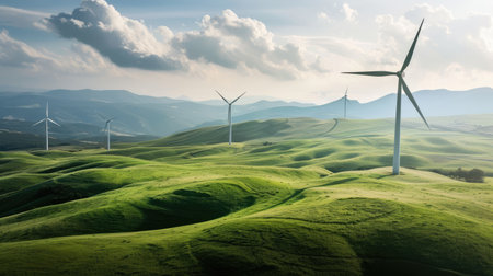 Wind turbine farm for renewable electricity production on top of hill aerial view on a sunny bright day.の素材