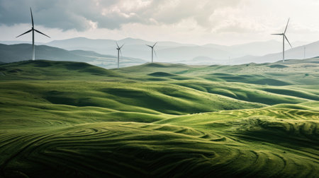 Windmill farm producing electricity in a renewable and sustainable way on top of hill on a sunny day.の素材