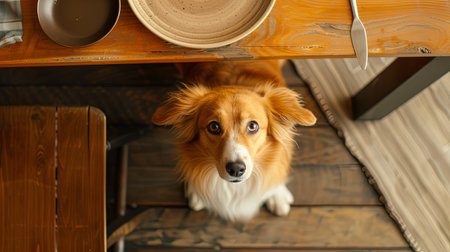 Portrait of sweet hungry dog looking up asking for food with cute eyes at the table.の素材