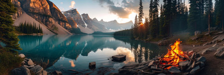 Panoramic  landscape banner of campfire by the lake in the mountains at night.の素材