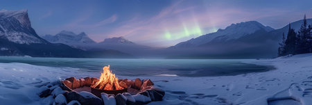 Fire burning on frozen lake in the mountains at night in winter. Panoramic banner.の素材
