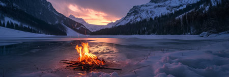 Frozen lake with fire burning in the mountains at night. Panoramic nature banner.の素材