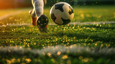 Leg with boot hiting socer footbal in stadium on grass field.の素材