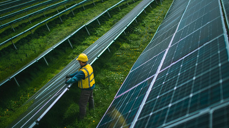 Solar system professional electrician engineer checking panel grid. Worker doing electric maintenance checking photovoltaic solar power system.の素材