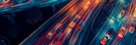 Aerial view of highway with cars ar night on highway. Panoramic long exposure banner of traffic jam on road.の素材