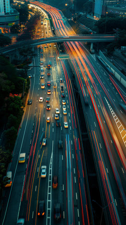 Cars in motion on highway from above. Vertical road with busy traffic at night on motorway.の素材