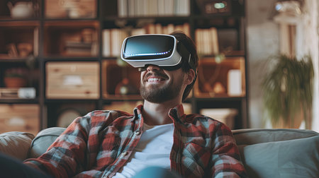 White guy with virtual reality headset. Portrait of caucasian wearing VR glasses at home.の素材