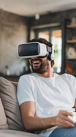 Vertical portrait of young man wearing VR goggles sitting on couch at home.の素材