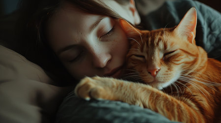 Closeup of young woman together with pet holding cat on counch at home in the morning.の素材
