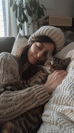 Vertical portrait of woman and cat relaxing on the couch at home embraced.の素材