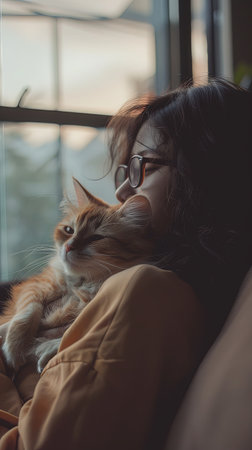 Vetical portrait of woman with cat relaxing on couch. Embraced pet owner with kitty at home sleeping.の素材