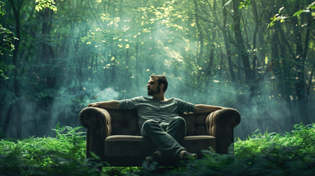 Portrait of young man from behind relaxing on a sofa in green forest.の素材