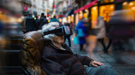Elderly woman granny wearing VR headset sitting on couch on the street with long exposure people walking by.の素材