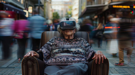 Old woman sitting on sofa in the street wearing vr goggle headset with people walking by.の素材