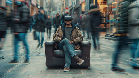 Young man wearing VR goggle headset on the busy street with many people walking by sitting on a couch.の素材