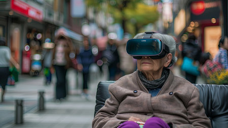 Elderly retired woman sitting on sofa weraring VR headset goggles with people walking on the street.の素材